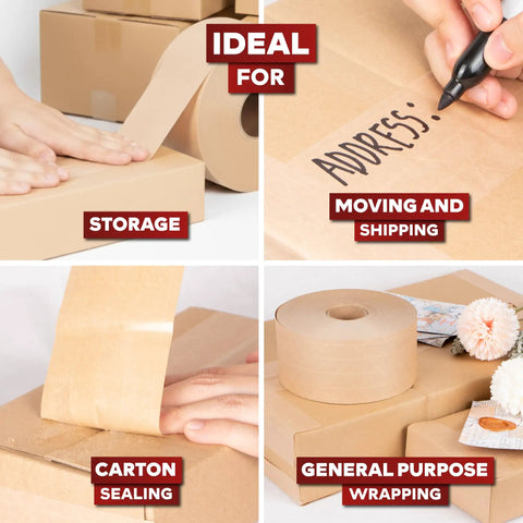 Water Activated Tape With Fiberglass Reinforced Backing For Extra Strength Brown Kraft Paper Packaging Roll shown in various uses for storage, moving, sealing, and wrapping.