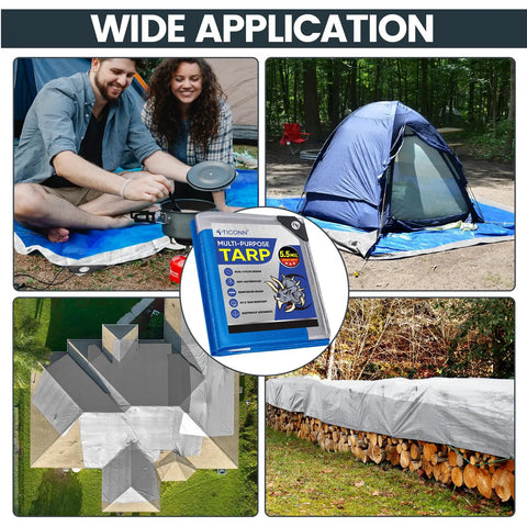 Heavy Duty Tarp Cover Extra Thick Waterproof Tarpaulin With Rip Proof Edges And Reinforced Grommets UV Resistant 5.5 Mil Thick 6x8 Ft Durable Outdoor Shelter For Gear And Equipment shown in versatile outdoor uses.