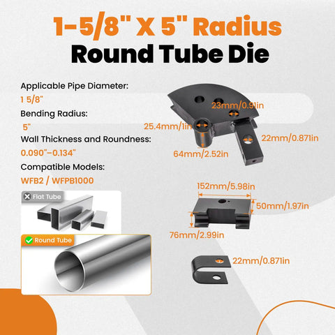 1-5/8 Inch Tubing Die Set For 120 Degree Bends, 5 Inch Radius Die Pair For Round Tubing 0.090 To 0.134 Inch Wall diagram