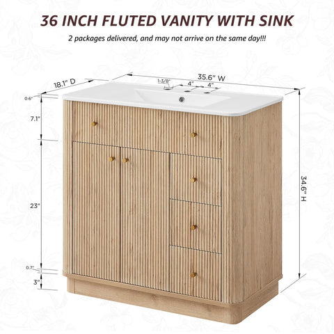 Top Shelf 36 Inch Fluted Bathroom Vanity With Single Sink In Natural Oak Featuring Smooth Rounded Corners And Slick Modern Design For Your Sweet Home Refresh Setup