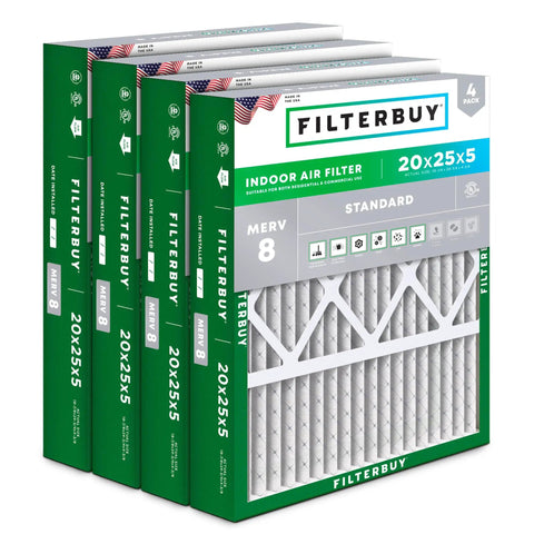 4-pack 20x25x5 MERV 8 pleated air filters for home HVAC system, designed for dust and allergy defense, compatible with Honeywell and Lennox