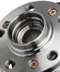 Close-up of Front Left And Right Steering Knuckle And Wheel Hub Bearing Assembly Kit For Volkswagen Beetle 1999 To 2010 Golf 2000 To 2006 Jetta 1999 To 2005 Fits 288 MM Rotors Two Piece Replacement showing metal construction and bolt holes