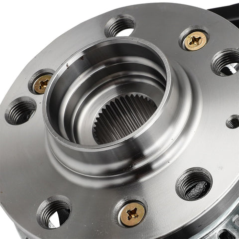 Close-up of Front Left And Right Steering Knuckle And Wheel Hub Bearing Assembly Kit For Volkswagen Beetle 1999 To 2010 Golf 2000 To 2006 Jetta 1999 To 2005 Fits 288 MM Rotors Two Piece Replacement showing metal construction and bolt holes
