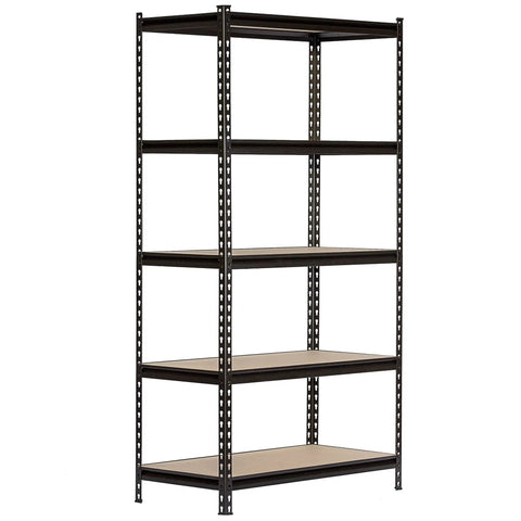 Heavy Duty Five Tier Black Steel Storage Rack Featuring Hella Sturdy Boltless Shelves And Rock Solid Adjustable Frames For A Truly Smooth DIY Setup That Delivers Major Bang For The Buck While Organizing Your Space Like A Boss