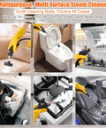 Top Tier 15 In 1 Handheld Steam Cleaner With Smooth Button Control Handle And Easy Gear Switching For Deep Home And Car Upholstery Cleaning Portable High Pressure Steamer That Knocks Out Stubborn Grease And Grime Fast being used on various surfaces including upholstery, toilets, and kitchen appliances.
