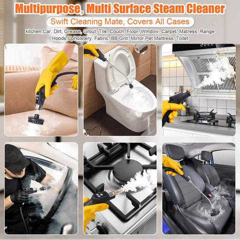 Top Tier 15 In 1 Handheld Steam Cleaner With Smooth Button Control Handle And Easy Gear Switching For Deep Home And Car Upholstery Cleaning Portable High Pressure Steamer That Knocks Out Stubborn Grease And Grime Fast being used on various surfaces including upholstery, toilets, and kitchen appliances.