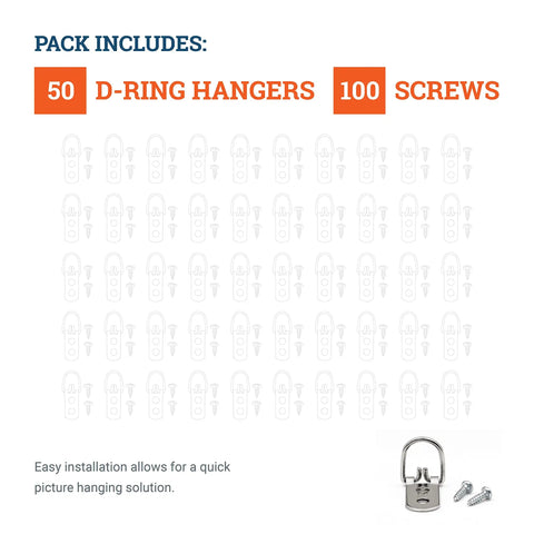 Heavy Duty D Ring Picture Hangers Bulk Pack 50 Count Two Hole With Screws One Inch Wide Supports Up To 40 Lbs