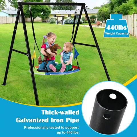 Two children seated on 40 Inch Flying Saucer Swing With LED Lights And 440 Lbs Capacity, Heavy Duty A-Frame Metal Swing Stand