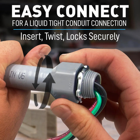 Hands connecting Power Whip Wiring Kit For AC Hookup Half Inch Flexible Nonmetallic Liquid Tight Conduit With Ten Gauge Wire