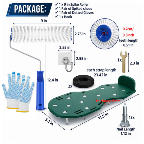 Spiked Roller Kit For Self Leveling Compound And Epoxy Floors, 9 Inch Roller With Protective Spike Shoes, Dotted Gloves, and Tools