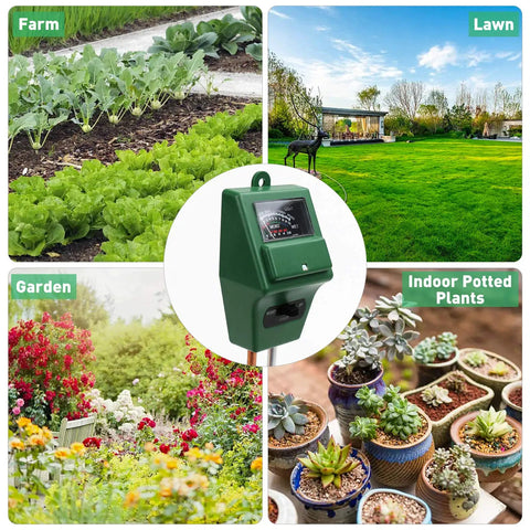 3 In 1 Soil Moisture PH And Light Meter For Indoor And Outdoor Plants Garden Lawn Farm Use Must Have Hygrometer Sensor For Plant Health Watering Schedule And Precise Soil Testing. Green meter shown for farm, lawn, garden, and indoor potted plants.