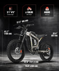 Dimensions of Heavy Duty Kickass 9000W Peak Motor Electric Dirt Bike Loaded With A Massive 72V 40Ah Battery System Cruising At 60Mph