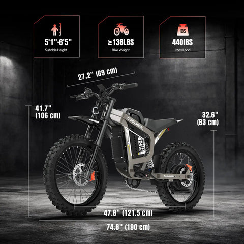 Dimensions of Heavy Duty Kickass 9000W Peak Motor Electric Dirt Bike Loaded With A Massive 72V 40Ah Battery System Cruising At 60Mph
