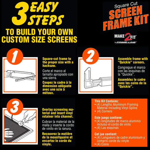 Steps for assembling Aluminum Window Screen Frame Kit 5/16 in x 3/4 in x 36 in Bronze, DIY instructions with images.