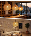 ZEORIVAX Rattan Pendant Light Fixture Bohemian Chandelier Large Semicircle above a dining area and living room, showcasing woven rattan shades.