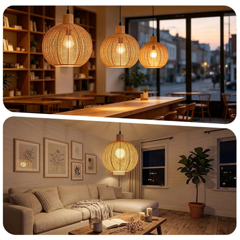 ZEORIVAX Rattan Pendant Light Fixture Bohemian Chandelier Large Semicircle above a dining area and living room, showcasing woven rattan shades.