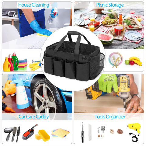 Big Ol Extra Large Cleaning Caddy Organizer With Sturdy Handles Five-Compartment Tote in center with cleaning and picnic context