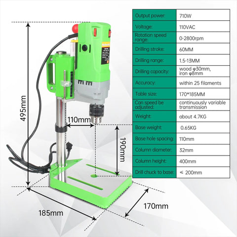 Workhorse Benchtop Drill Press With 710W 110V Power, 0-2800 RPM, 60mm Stroke, 1.5-13mm Quick Change Chuck, green aluminum base