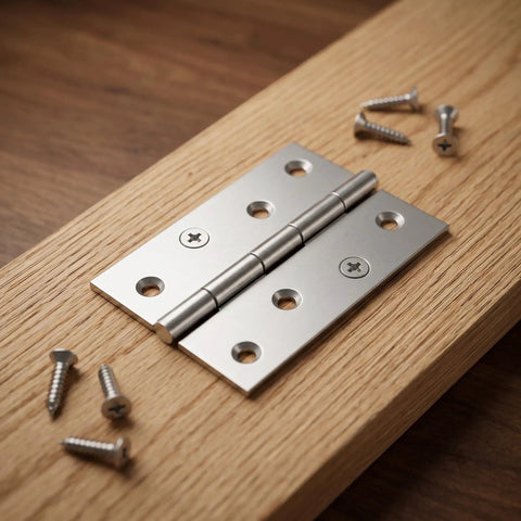24 Pack 3.5 Inch Stainless Steel Folding Butt Hinges With Mounting Screws on wood surface, quiet operation for cabinets and furniture