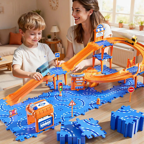 Child and parent playing with Totally Cool Puzzle Race Car Track Set For Kids Ages 3 To 8 DIY Floor Car Track Toy on table