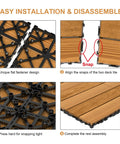 Solid Pine Wood Interlocking Deck Tiles 27 Pack Easy Snap Together 12 By 12 Inch Waterproof Outdoor Flooring shown with installation steps.