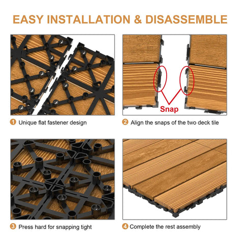Solid Pine Wood Interlocking Deck Tiles 27 Pack Easy Snap Together 12 By 12 Inch Waterproof Outdoor Flooring shown with installation steps.
