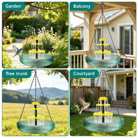3 Tier Hanging Solar Bird Bath Fountain with Cascading Water Feature and Large Bird Bowl in various outdoor settings.