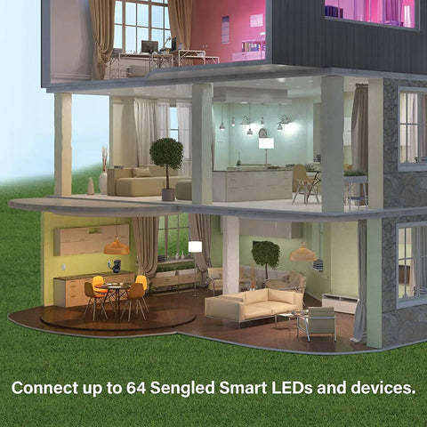 Cross-section of a modern home showing Smart Home Hub For Lights And Accessories That Really Works With Alexa And Google Assistant Control Up To 64 Smart Lights No Fuss Setup Through Your Router With Voice Control For Easy Home Automation White