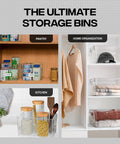 Clear Plastic Storage Bins For Pantry And Fridge Organization in use in various spaces like pantry, kitchen, and closet.