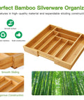 Expandable Bamboo Silverware Drawer Organizer With Adjustable Compartments showcasing multiple sections and natural bamboo material.