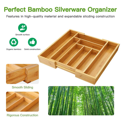 Expandable Bamboo Silverware Drawer Organizer With Adjustable Compartments showcasing multiple sections and natural bamboo material.