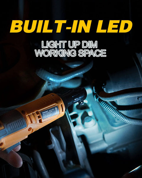 Cordless 3/8 Inch Ratchet Wrench Set With 40 Ft-Lbs Torque, 400 RPM, 12V Battery featuring built-in LED in dark workspace