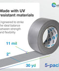 Close-up of Beefy Heavy Duty Duct Tape Waterproof 5 Pack Industrial Gray Tape for Repairs, showing 11 mil thickness, 2 inch width, 30 yd length.