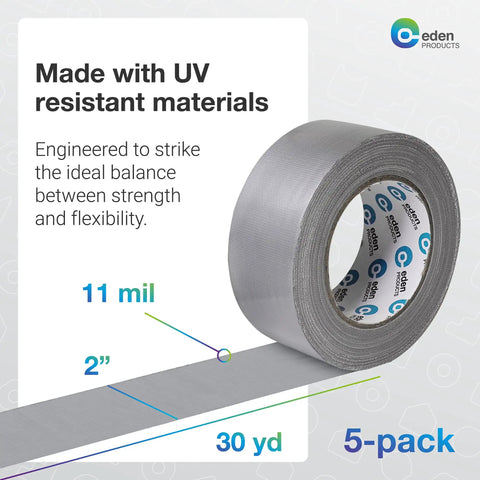 Close-up of Beefy Heavy Duty Duct Tape Waterproof 5 Pack Industrial Gray Tape for Repairs, showing 11 mil thickness, 2 inch width, 30 yd length.