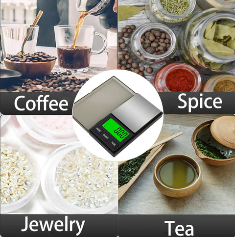 Pocket Digital Scale With 0.01g Precision And 1000g Capacity Backlit LCD surrounded by coffee, spices, jewelry, tea.
