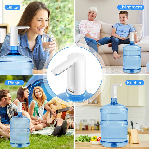 Portable 5 Gallon Water Dispenser Pump with USB Rechargeable Battery in use at home, office, and outdoor picnic, foldable design