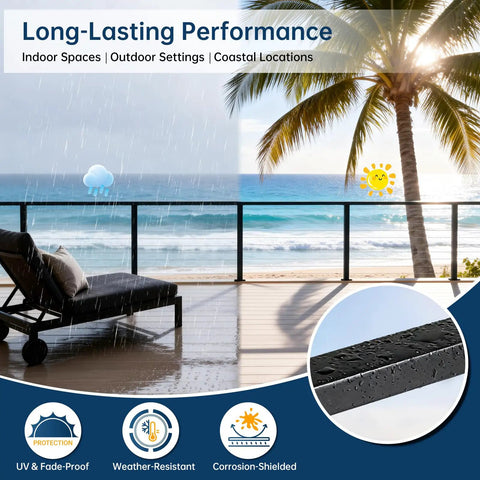 Heavy Duty 12Ft Black Aluminum Handrail For Cable Railing Systems shown in outdoor coastal setting with sun and rain.