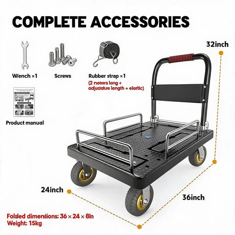 Beefy Heavy Duty Foldable Hand Cart With Wheels For 1300 Lbs Loads Portable Platform Hand Truck With Detachable 3 Sided Guardrails Rugged Dolly For Moving Equipment On Concrete Wood Or Carpet Wide Application And Easy Storage, 36x24x8 in