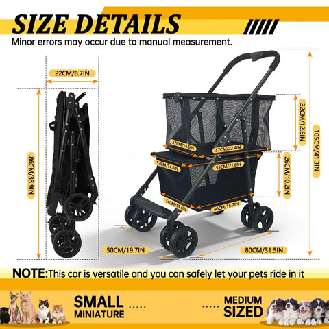 Folding Shopping Cart And Heavy Duty Pet Carrier 110 Lbs 2 In 1 personal cart size details with removable basket and lower dog stroller