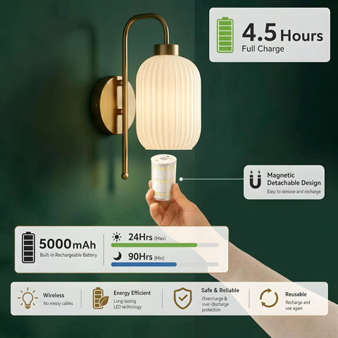 HAOFILM Battery Operated Wall Sconces Set of 2, 5000mAh Rechargeable Wireless Wall Sconce with Remote, Mid Century Modern design with detachable light.