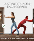 Heavy Duty Furniture Sliders For Carpet And Hardwood Floors Smooth Glide Moving Pads demonstrated under furniture corners.