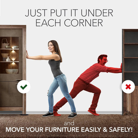 Heavy Duty Furniture Sliders For Carpet And Hardwood Floors Smooth Glide Moving Pads demonstrated under furniture corners.