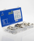 Stainless Steel Hose Clamp Assortment Kit With 26 Pieces And Storage Case Worm Gear Design For Securing Hoses On Pipes Or Automotive Uses.