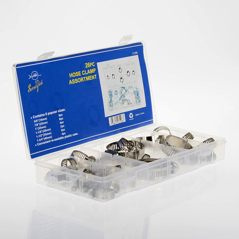 Stainless Steel Hose Clamp Assortment Kit With 26 Pieces And Storage Case Worm Gear Design For Securing Hoses On Pipes Or Automotive Uses.
