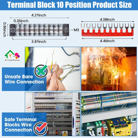 12 Pack 10 Position Screw Terminal Blocks With Covers and Ground Pluggable PCB and Busbar 600V 15A installed in panel