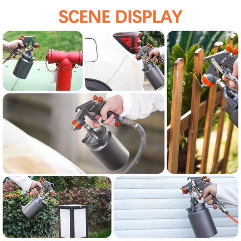 Heavy Duty Siphon Feed Air Spray Paint Gun With 1.8Mm Needle And 1000Cc Aluminum Pot used on various surfaces in garage and outdoor settings.