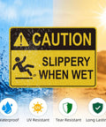 Caution Wet Floor Sign Set 10 X 7 Inch Two Pack Vinyl Sticker With High Visibility Reflective Waterproof Finish, Fade-Resistant Slippery When Wet Warning Decal For Commercial Kitchens, Offices, Warehouses And Restaurants. yellow caution slippery when wet vinyl decal
