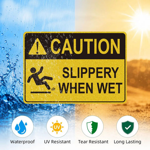Caution Wet Floor Sign Set 10 X 7 Inch Two Pack Vinyl Sticker With High Visibility Reflective Waterproof Finish, Fade-Resistant Slippery When Wet Warning Decal For Commercial Kitchens, Offices, Warehouses And Restaurants. yellow caution slippery when wet vinyl decal
