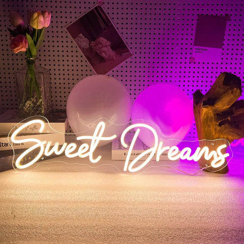 Lit Neon Sign Wall Art Decor 25x6.4 Inches Real LED Neon Light for Bedroom Office Dorm Farmhouse Vibe Aesthetic Room Decor Valentine Party Hanging Sign showing 'Sweet Dreams' in white neon