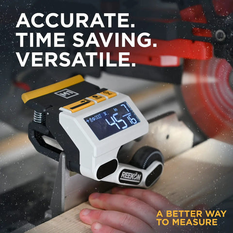 Caliber Measuring Tool For Miter Saws Pro Grade Time Saver with digital LCD on a saw fence showing real-time measurements